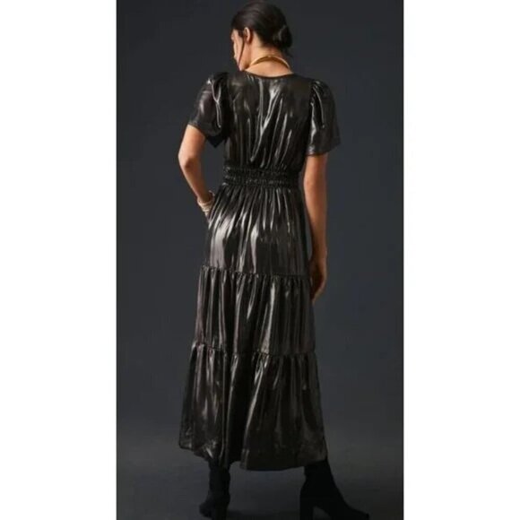 Anthropologie The Somerset Maxi Tiered Dress Metallic Shine Silver Grey Size XS - Picture 3 of 7